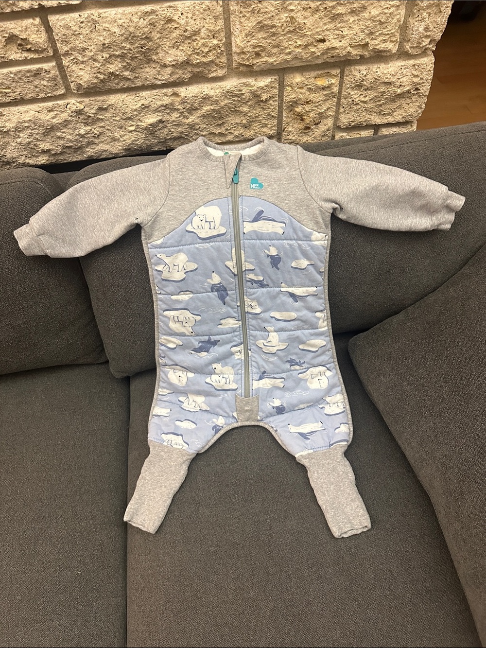 Love to Dream Cozy Polar Bear Print One-Piece Romper in Light Blue and Gray